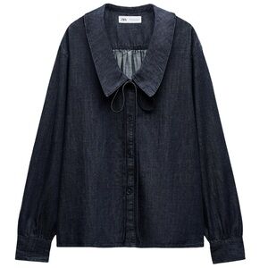 Zara denim shirt Peter Pan bib collar long sleeves mid / dark blue button down